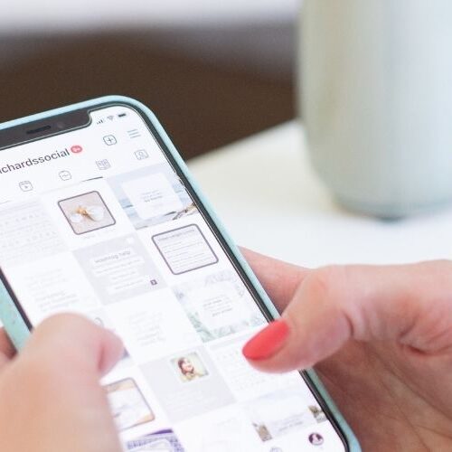 Image of iphone showing Instagram sarahrichardssocial profile and Instagram logo