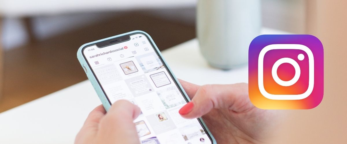 Image of iphone showing Instagram sarahrichardssocial profile and Instagram logo