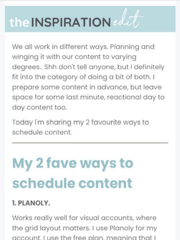 Image showing example of one of Sarah's emails. This one titled my 2 favourite scheduling tools