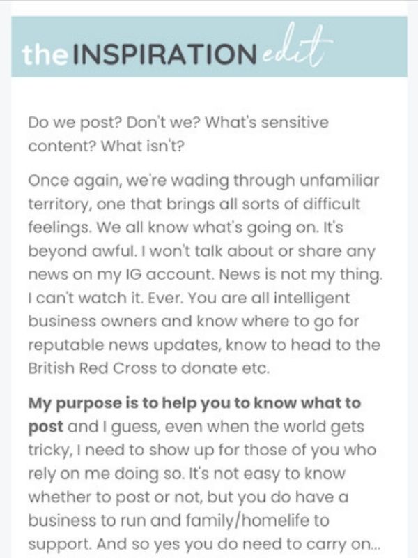 Image of previous email, providing tips on how to tackle social in times of world events