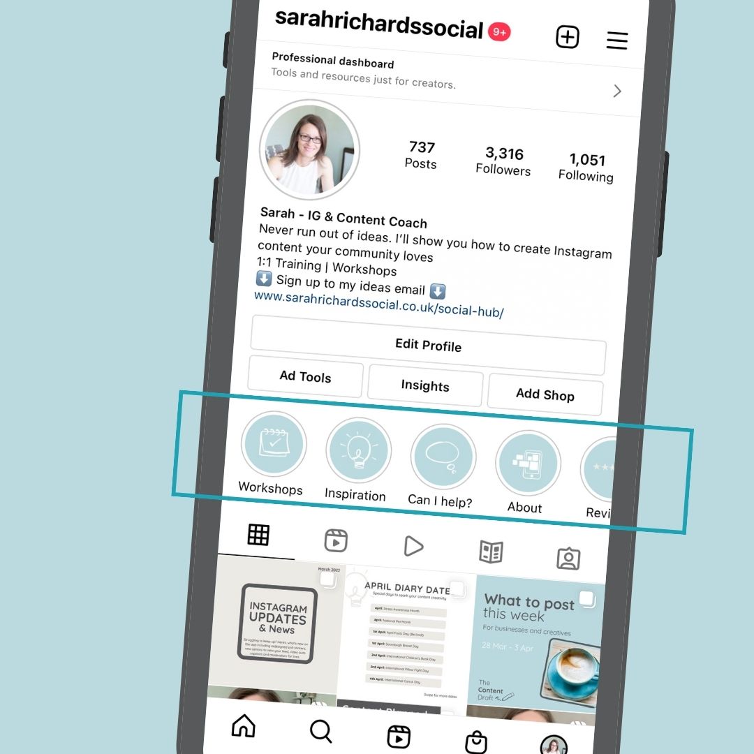 Image of phone showing Sarah's Instagram profile and the location of story highlights - the circles housing previous stories