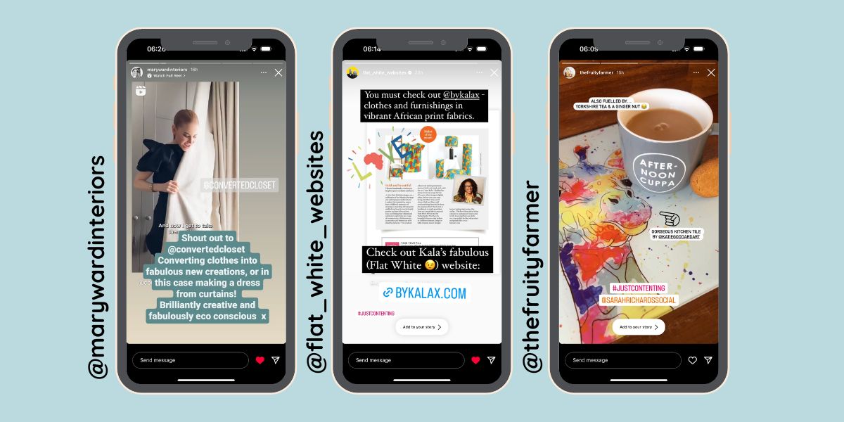 Image of 3 phone screens showing instagram stories